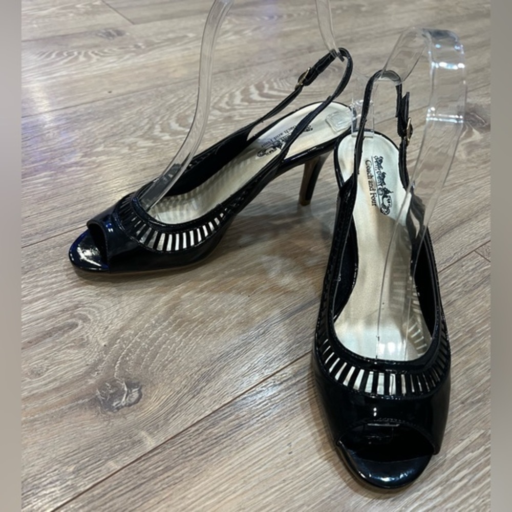 Coach and Four Slingback Black Open Toe Heels with Cut Out Elements